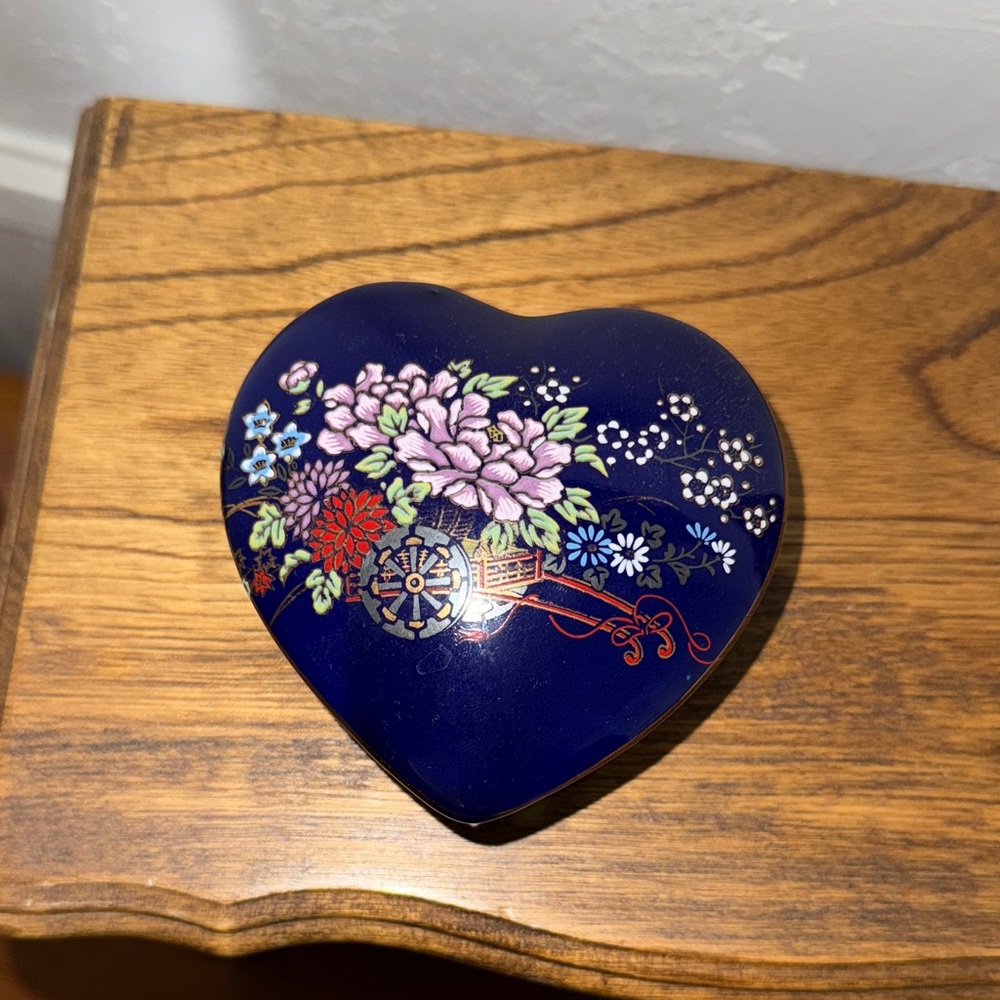 Vintage Heart-Shaped Floral Trinket Box - Blue and Multicolor